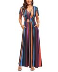 OUGES Women's Summer Casual V Neck Short Sleeve Floral Pattern Wrap Ladies Maxi Long Dress with Pockets(Floral-41,L)