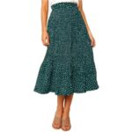 Oyamiki Womens Polka Dot Midi Skirt Stretchy Flowy Swing Long Skirts Trendy Summer Pleated Skirt, M Green