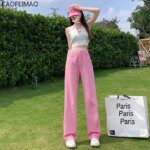 Pink High Waisted Jeans for Women Adjustable Waist Jeans Woman 2025 Summer Streetwear Wide Leg Pants Casual Mom Jeans