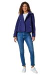 Roman Cotton Blend Cropped Stretch Trench Coat for Women UK - Ladies Spring Everyday Summer Break Long Sleeves Soft Horn Button Comfy Cropped Length Casual Vacation Jackets - Navy - Size 16