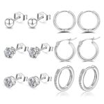 S925 Sterling Silver Stud Earrings, Silver Hoops Earrings for Women with Silver Stud Earring Set 4/6/8 Pairs Small Cartilage Huggie Earring Star Moon Ball Heart CZ Studs