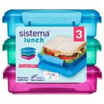 Sistema 41647 Lunch Sandwich Box, 450 ml-Assorted Colours with Contrasting Clips, Pack of 3, 1.55 x 15 x 12.4 cm