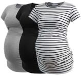 Smallshow Maternity Clothing Tops Side Ruched Pregnancy Clothes for Women 3-Pack Black/Grey/White Stripe M