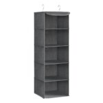 SONGMICS Hanging Wardrobe Storage Organiser, Hanging Storage Shelves, Foldable Wardrobe Clothes Organiser, Space-Saving, Metal Hooks, Bamboo Inserts, Linen Pattern,Grey RYCH06G