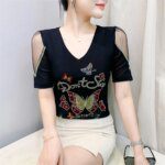 Summer New Women Clothes Mesh T-Shirt Fashion Sexy V-Neck Shiny Rhinestone Women Tops Short Sleeve Tees Blusas