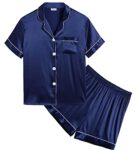 SWOMOG Kids Silk Pyjama Sets Girls Boys PJs Short Sleeve Silky Nightwear 2 Piece Satin Lounge Sets Teenage Gifts Navy