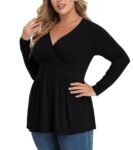 TIANZHU Plus Size Black Tops for Women Wrap Baby Doll Shirt Long Sleeve Winter Tunic Top Dressy V Neck Blouse Empire Waist Low Cut Flowy Peplum Clothing, Black, XL
