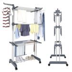 Trintion Clothes Drying Rack 3 Tier Adjustable Rolling Laundry Hanger with Foldable Wings Large Stainless Steel Garment Dryer with Casters for Outdoor Indoor