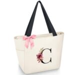 Vavabox A-Z Initial Personalized Tote Bag,Waterproof Gifts for Women, Bridesmaids,Mom,Teachers,Friends (C, Beige)