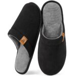 VeraCosy Men's Corduroy Scuff Slippers Soft Comfy Memory Foam Non-slip Indoor House Shoes Carbon Black, 12-13 UK