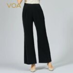 VOA 46m/m Heavyweight Silk Unbounded Black Office Ladies Striped Side Waist Zipper Flared Pants Women Bottoms Pants Spring KE668