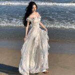 Women Fashion Bohemian Print Long Dresses France Elegant Ruffles Strap Beach Holiday Vestidos Korean One Piece A-Line Robe