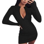 Womens Long Sleeve Knitwear Sweater Dress Turtle Neck Chunky Cable Ribbed Knitted Jumper Dresses Sexy Perspective Mesh Wrap Dress Pullover Mini Elegant Winter Dress (Black, L)