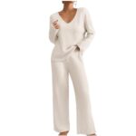 Womens Lounge Wear Sets UK Tracksuits Women Women's Two Piece Outfit Ladies Travel Outfits Leisure Suits Summer Co Ord Sets for Women Airport Outfit Knitted Long Sleeve Blouse and Pant Set
