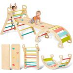 Wooden Toddler Indoor Climbing Frame, Foldable 5 in 1 Baby Montessori Climbing Toy Set with Slide and Arch, Rainbow