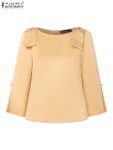 ZANZEA Office Satin Shirts Women Elegant 3/4 Split Sleeved Work Blouse Stylish O-Neck Solid Party Tops Tunic Female Chemise 2025