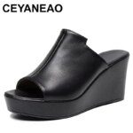 2025 Comfortable Thick Bottom Genuine Leather Slippers Platform Shoes Women Summer High Heels Slides Office Mom