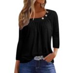 Angxiwan Clearance Thermal Tops Womens Plus Size Womens Blouses Spring Dressy Casual Loose Fit T Shirts Button Decor Summer What are My Deals of The Day Sale Prime Black