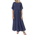 jieGorge Polka Dot Dresses for Women UK Women Maxi Dress Short Sleeve Crew Neck Casual Dresses Cocktail Boho High Waist A-Line Holiday Beach Long Dress for Ladies Navy