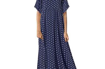 jieGorge Polka Dot Dresses for Women UK Women Maxi Dress Short Sleeve Crew Neck Casual Dresses Cocktail Boho High Waist A-Line Holiday Beach Long Dress for Ladies Navy