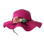 Ladies Wide Straw Foldable Travel Flower Sun Hat Summer Beach Caps,Hat Outdoors Sports Clothing Accessories(Hot Pink,One Size)
