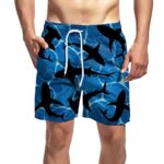 LindoMaker Men's Swimming Shorts Shark Floral Print Boardshorts Quick-Dry 4-Way Stretch Swimwear Plus Size Deep Dive Swimsuit Bottom with Side Pockets and Adjustable Drawstring (Blue, XXXL)