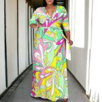 Plus Size Women's 3/4 Sleeve V Neck Women With Pocket and Bel Long Dress Fashion Printed Split Hem Club Party Casual Maxi Dress