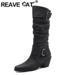 REAVE CAT Vintage Pleated Wide Women Knee High Boots Toe Block Heels 6.5cm Slip On Size 43 Booties