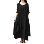 TUDUZ Women's Cotton and Linen Casual Maxi Dress Solid Color Vintage Long Sleeve V-Neck Button Long Dress Loose Double Layer Flowy Pleated A-Line Holiday Vacation Beach Dresses(Black,L)