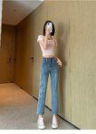 Vintage Cigarette Tube Jeans.Women Spring Autumn Spell Color High-waist Narrow Version of The Design Sense of Nine Minutes Jeans