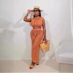 Women Summer Beach Knitted 2 Piece Set Tassel Lace Up Tank Crop Tops + High Waist Wide Leg Pants Fashion Holiday Outfits Suit