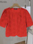 ZANZEA Openwork Embroidery O-Neck Solid Tops Button Up Elegant 2025 Summer Short Puff Sleeve Shirts Casual Women Fashion Blouses