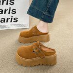 CRLAYDK Women's Platform Heel Mules Casual Buckle Shoes Closed Toe Backless Slip On Walking Increase Height Wedge Slippers