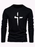 Men's 100% pure cotton loose fit plus size comfortable casual sports cross print round neck long sleeved T-shirt top