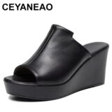 Best Deal on 2025 Comfortable Thick Bottom Genuine Leather Slippers Platform Shoes Women Summer High Heels Slides Office Mom – Only 23.19!