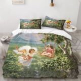 Best Discount on 2/3 Pieces Angel Oil Painting Bedding Set Ancient Art Duvet Cover Cartoon Warm Bed Quilt Cover Kids Bedroom Bed Cover Set Green – Only 19.99!