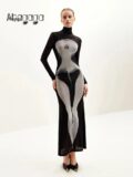 Ahagaga Elegant Women’s Maxi Dresses Sexy Club Sheath Slim Fit Turtleneck Regular Causal Long Sleeves Printed Mesh Vestidos Robe – women dress