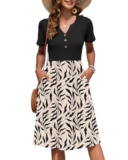 AUSELILY Women’s Summer Short Sleeve Midi Dresses V Neck Empire Button Knee Length Dress with Pockets Apricot Black Leaf L
