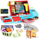 Cash Register Toy for Kids-52PCS Calculator Cash Register, Pretend Play Store Shopping Toy with Music, Scanner&Credit Card, Play Money&Pretend Food&Microphone, Toy Playset Gift for Toddler Boy&Girl 3+ – Toy cash register