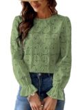 CUPSHE Women Blouse Cutout Flower Top Round Neck Long Sleeve Elastic Cuffs Elegance Shirt, Olive Green, M – Blouse