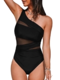 CUPSHE Women’s One Piece Swimsuit Tummy Control Swimming Costume Ruched Asymmetric Neck One Shoulder Strap Mesh Swimwear Black M – Swimsuit