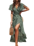 CUPSHE Women’s Summer Wrap Maxi Dress – Casual Split Flared Sleeve V-Neck Ditsy Tie Waist Ruffle Beach Green M – Wrap dress