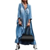 Best Deal on Dress Denim apparel Summer Vintage Dress Women Lace V Neck 3/4 Sleeve Large Hem Tassel Loose Maxi Denim Dress – Only 9.19!