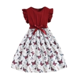es-uk Chiffon Butterfly Print Ruffle Cap Sleeve Round Neck Elastic Waist and Ribbon Dress for Girls – Summer Kids Party Dress (Red, 9-10 Years) – Kids dress
