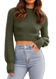 GeGekoko Womens Jumpers Sweatshirt Sexy Crew Neck Cropped Sweaters Ribbed Knit Long Sleeve Crop Tops Pullover ArmyGreen – Cropped sweater