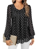 Gemulate Womens Tops Long Sleeve Tops Women Crew Neck Loose Fit Ladies Tops Party Tops for Women Chiffon Tops for Women UK Double Layer Ladies Top Floral Top Shirt – Black Dot, M – Long sleeve top