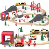 Giant bean Wooden Train Set 72 PCS, Wooden Train Tracks & Train Toys, Toddler Model Train Set, Toy Railway Kit for Kids Age 3 4 5 Year Old,Gift for Boys and Girls (Fire Station Theme) – Wooden train set