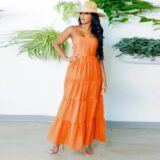 Best Discount on GUWU Spaghetti Strap Slash Neck Cascading Ruffles Big Swing Lace Up Back Long Women Dress Retro Beach Boho Maxi Sundress – Only 27.69!