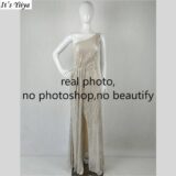 It’s Yiiya Customized Real Photo Evening Dress Champagne Sequins One-shoulder Mermaid Slit Plus size Woman Party Formal Gowns – plus size dress