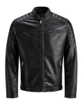 JACK & JONES Men’s Faux Leather Jacket Motorcycle Blouson Bomber JJEROCKY Design Outerwear Transitional Coat., Colours:Black-2, Jacket Size:S – Leather jacket